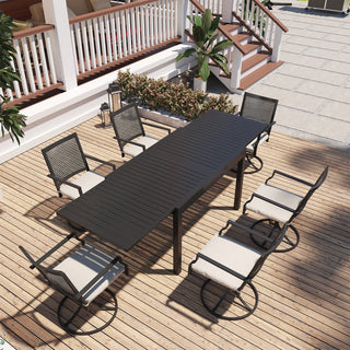 7-Piece Black Metal Patio Dining Set – Extendable Table with Swivel Dining Chairs & Cushions for Outdoor Patio, Deck & Garden