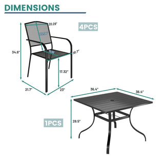 Black Steel Patio Dining Set with 36" Square Table, Chairs & Umbrella Hole for Outdoor Garden, Deck & Backyard