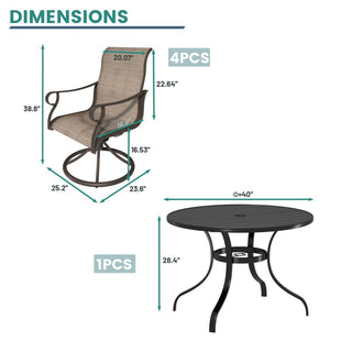 5-Piece Steel Textilene Swivel Outdoor Dining Set with 28.35" Round Table & Umbrella Hole for Patio, Garden & Backyard