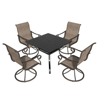5-Piece Steel Textilene Swivel Outdoor Dining Set with 28.5" Square Table & Umbrella Hole for Patio, Garden & Backyard