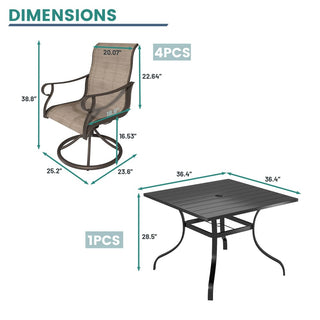 5-Piece Steel Textilene Swivel Outdoor Dining Set with 28.5" Square Table & Umbrella Hole for Patio, Garden & Backyard