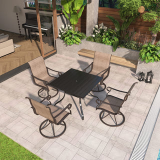 5-Piece Steel Textilene Swivel Outdoor Dining Set with 28.5" Square Table & Umbrella Hole for Patio, Garden & Backyard
