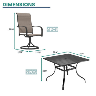 6/8-Piece Steel Textilene Swivel Outdoor Dining Set with 28.5" Square Table & Umbrella Hole for Patio, Garden & Backyard