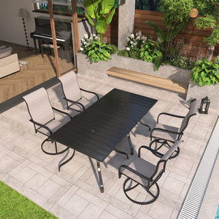 6/8-Piece Steel Textilene Swivel Outdoor Dining Set with 28.5" Square Table & Umbrella Hole for Patio, Garden & Backyard