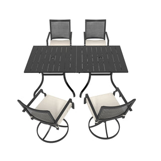 Metal Outdoor Dining Set with Square Table & Umbrella Hole, Swivel Chairs with Beige Cushions for Patio, Garden & Backyard