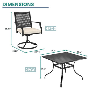 Metal Outdoor Dining Set with Square Table & Umbrella Hole, Swivel Chairs with Beige Cushions for Patio, Garden & Backyard