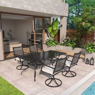 Metal Outdoor Dining Set with Square Table & Umbrella Hole, Swivel Chairs with Beige Cushions for Patio, Garden & Backyard