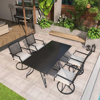Metal Outdoor Dining Set with Square Table & Umbrella Hole, Swivel Chairs with Beige Cushions for Patio, Garden & Backyard