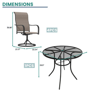 5-Piece Steel Textilene Swivel Chair Outdoor Dining Set with 29.5" Round Table & Umbrella Hole for Patio, Garden & Backyard
