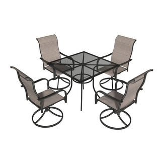 5-Piece Black Steel Mesh Outdoor Dining Set with 29.5" Square Table, 4 Textilene Swivel Chairs & Umbrella Hole for Patio & Garden