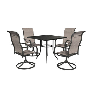 5-Piece Black Steel Mesh Outdoor Dining Set with 29.5" Square Table, 4 Textilene Swivel Chairs & Umbrella Hole for Patio & Garden