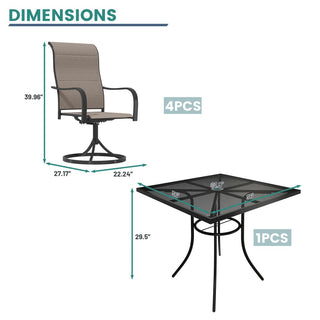 5-Piece Black Steel Mesh Outdoor Dining Set with 29.5" Square Table, 4 Textilene Swivel Chairs & Umbrella Hole for Patio & Garden