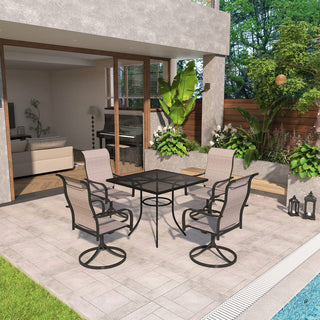 5-Piece Black Steel Mesh Outdoor Dining Set with 29.5" Square Table, 4 Textilene Swivel Chairs & Umbrella Hole for Patio & Garden