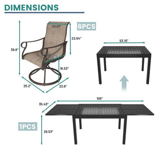 7-Piece Metal Patio Dining Set with Extendable Table & Swivel Chairs for Outdoor Garden, Deck & Backyard