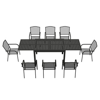 9-Piece Black Metal Patio Dining Set with Extendable Table & Steel Mesh Chairs for Outdoor Garden, Deck & Backyard