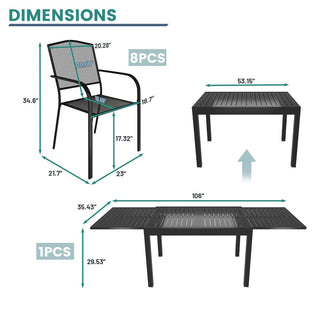 9-Piece Black Metal Patio Dining Set with Extendable Table & Steel Mesh Chairs for Outdoor Garden, Deck & Backyard