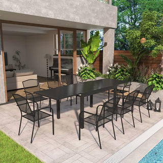 9-Piece Black Metal Patio Dining Set with Extendable Table & Steel Mesh Chairs for Outdoor Garden, Deck & Backyard