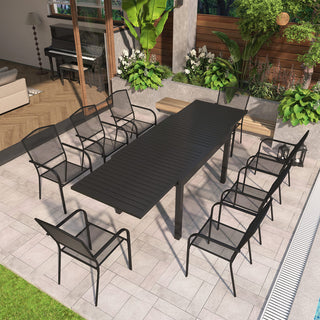 9-Piece Black Metal Patio Dining Set with Extendable Table & Steel Mesh Chairs for Outdoor Garden, Deck & Backyard