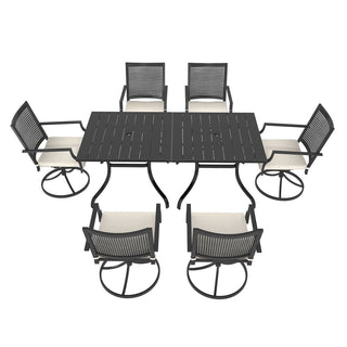 Metal Outdoor Dining Set with Square Table & Umbrella Hole, Swivel Chairs with Beige Cushions for Patio, Garden & Backyard