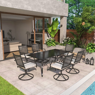Metal Outdoor Dining Set with Square Table & Umbrella Hole, Swivel Chairs with Beige Cushions for Patio, Garden & Backyard