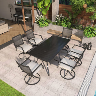 Metal Outdoor Dining Set with Square Table & Umbrella Hole, Swivel Chairs with Beige Cushions for Patio, Garden & Backyard