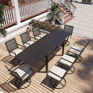 9-Piece Black Metal Patio Dining Set – Extendable Table with Swivel Dining Chairs & Cushions for Outdoor Patio, Deck & Garden