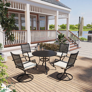 5-Piece Metal Outdoor Dining Set with Round Table, Umbrella Hole & Beige Textilene Cushions – Includes Random Outdoor Umbrella