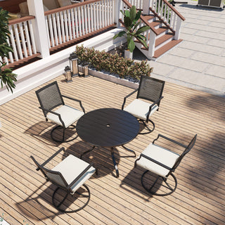 5-Piece Metal Outdoor Dining Set with Round Table, Umbrella Hole & Beige Textilene Cushions – Includes Random Outdoor Umbrella
