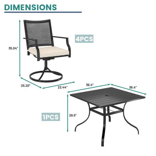 5-Piece Metal Outdoor Dining Set – Square Table with Umbrella Hole & Swivel Chairs with Beige Cushions for Patio & Garden