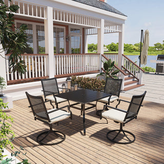 5-Piece Metal Outdoor Dining Set – Square Table with Umbrella Hole & Swivel Chairs with Beige Cushions for Patio & Garden