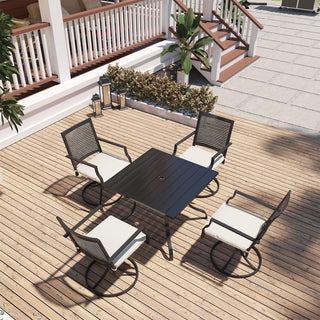 5-Piece Metal Outdoor Dining Set – Square Table with Umbrella Hole & Swivel Chairs with Beige Cushions for Patio & Garden