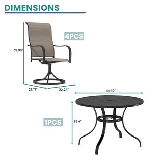5-Piece Outdoor Dining Set – Black Metal Round Mesh Table (28.35" H) with 4 Textilene Swivel Chairs & Umbrella Hole