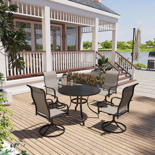 5-Piece Outdoor Dining Set – Black Metal Round Mesh Table (28.35" H) with 4 Textilene Swivel Chairs & Umbrella Hole