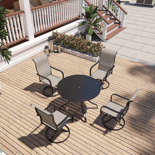 5-Piece Outdoor Dining Set – Black Metal Round Mesh Table (28.35" H) with 4 Textilene Swivel Chairs & Umbrella Hole