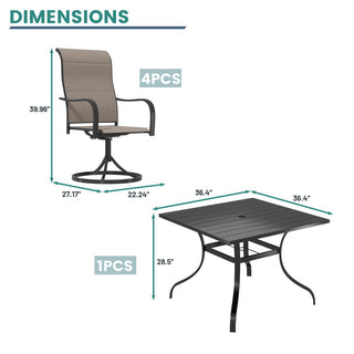 5-Piece Patio Dining Set – Steel Textilene Swivel Chairs with 28.54" Square Table & Umbrella Hole for Outdoor Use