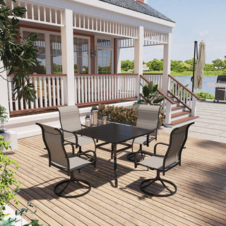 5-Piece Patio Dining Set – Steel Textilene Swivel Chairs with 28.54" Square Table & Umbrella Hole for Outdoor Use