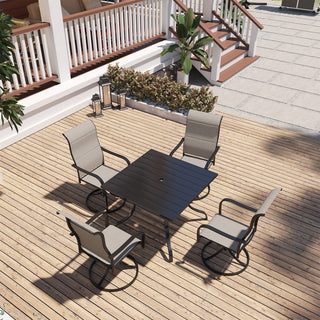 5-Piece Patio Dining Set – Steel Textilene Swivel Chairs with 28.54" Square Table & Umbrella Hole for Outdoor Use