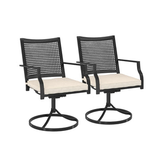 Black Steel Outdoor Dining Chairs Set of 2 – 360° Swivel Textilene Chairs with Beige Cushions for Patio, Deck & Garden
