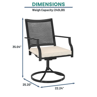 Black Steel Outdoor Dining Chairs Set of 2 – 360° Swivel Textilene Chairs with Beige Cushions for Patio, Deck & Garden