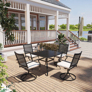Black Steel Outdoor Dining Chairs Set of 2 – 360° Swivel Textilene Chairs with Beige Cushions for Patio, Deck & Garden