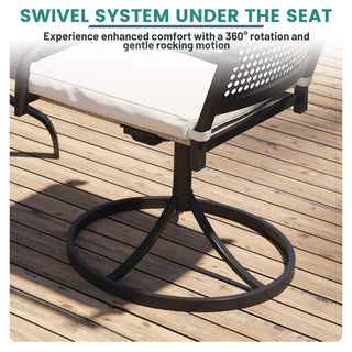 Black Steel Outdoor Dining Chairs Set of 2 – 360° Swivel Textilene Chairs with Beige Cushions for Patio, Deck & Garden