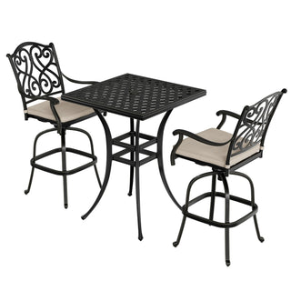 3-Piece Patio Bistro Set – Cast Aluminum Table & 2 Swivel Chairs with Cushions