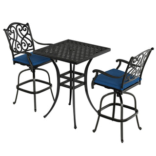 3-Piece Patio Bistro Set – Cast Aluminum Table & 2 Swivel Chairs with Cushions