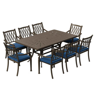 9-Piece Patio Dining Set – Cast Aluminum Rectangular Table & 8 Cushioned Chairs