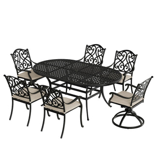 7-Piece Outdoor Dining Set with Cushions – Cast Aluminum Table & Chairs