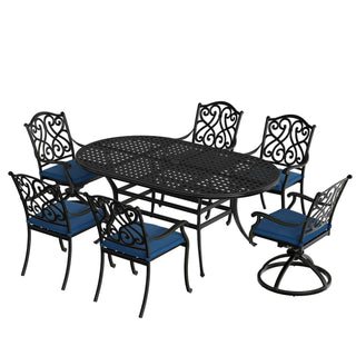 7-Piece Outdoor Dining Set with Cushions – Cast Aluminum Table & Chairs