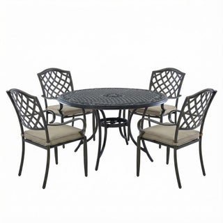 5-Piece Vintage Cast Aluminum Patio Dining Set with Round Umbrella Table & Swivel Rocker Chairs