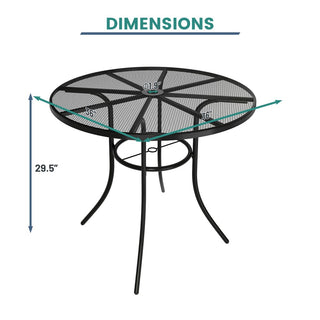 36-Inch Black Steel Mesh Outdoor Round Patio Dining Table with Umbrella Hole for Deck, Lawn & Garden
