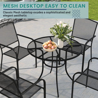 36-Inch Black Steel Mesh Outdoor Round Patio Dining Table with Umbrella Hole for Deck, Lawn & Garden