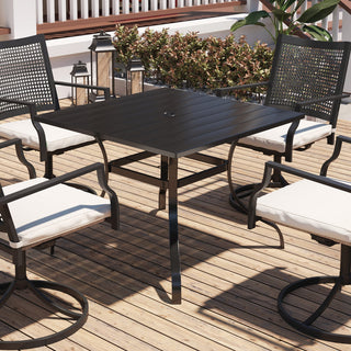 36.42-Inch Square Black Steel Outdoor Dining Table with Umbrella Hole – Patio Table for Deck, Lawn & Garden
